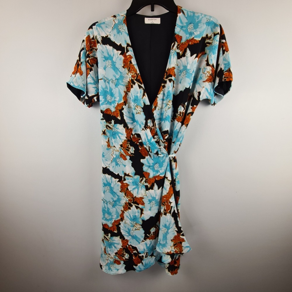 Babaton Aritzia Wallace Blue Black Floral Wrap Short Sleeve Dress Sz S Coquette